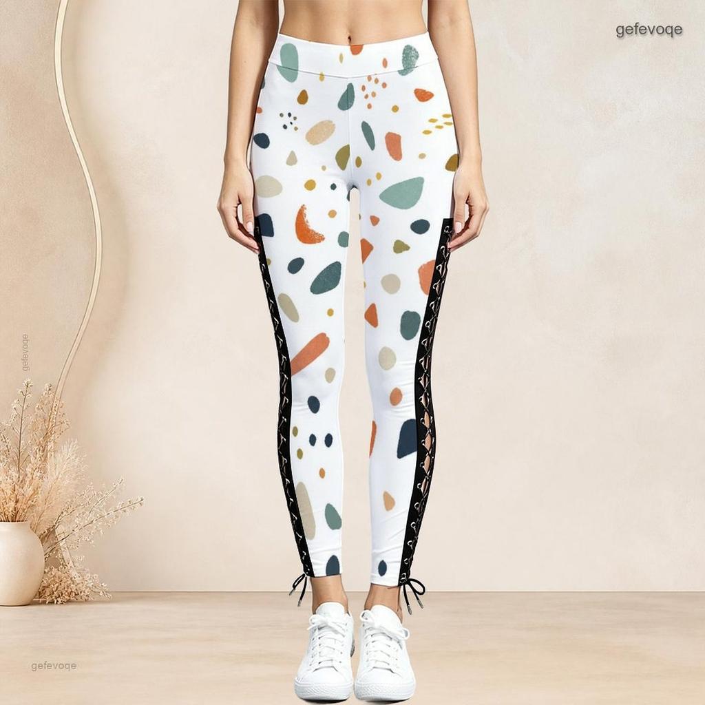 Women Plus Size High Waist Abstract Printed Side Eyelet Lace Up Full Length Leggings