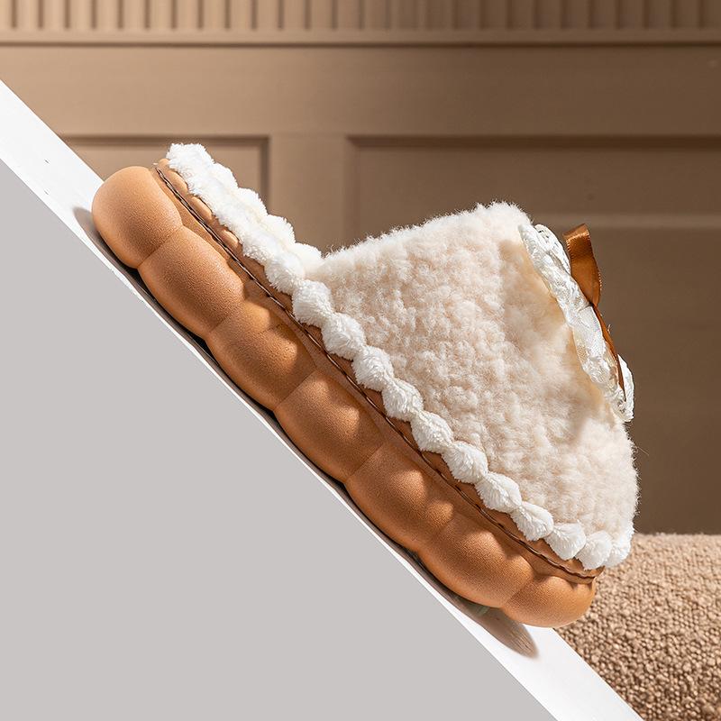 Bow wool plush cotton slippers women's autumn and winter indoor home use thick bottom cotton mop