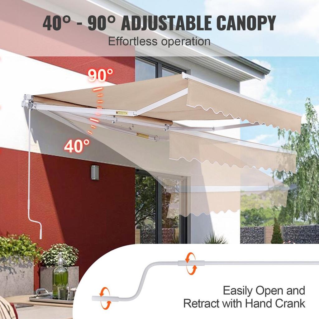 Manual Retractable Awning, 13 x 8 ft Outdoor Patio Awning Retractable Sun Shade, Water-Resistant Polyester Patio Door Window Awning Sunshade Shelter