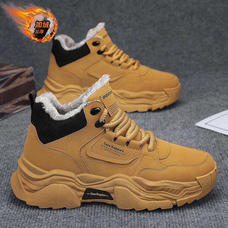 Высокие мужские туфли 2024 года, новые зимние бархатные теплые спортивные туфли из хлопка, мужские модные кроссовки для папы на толстой подошве