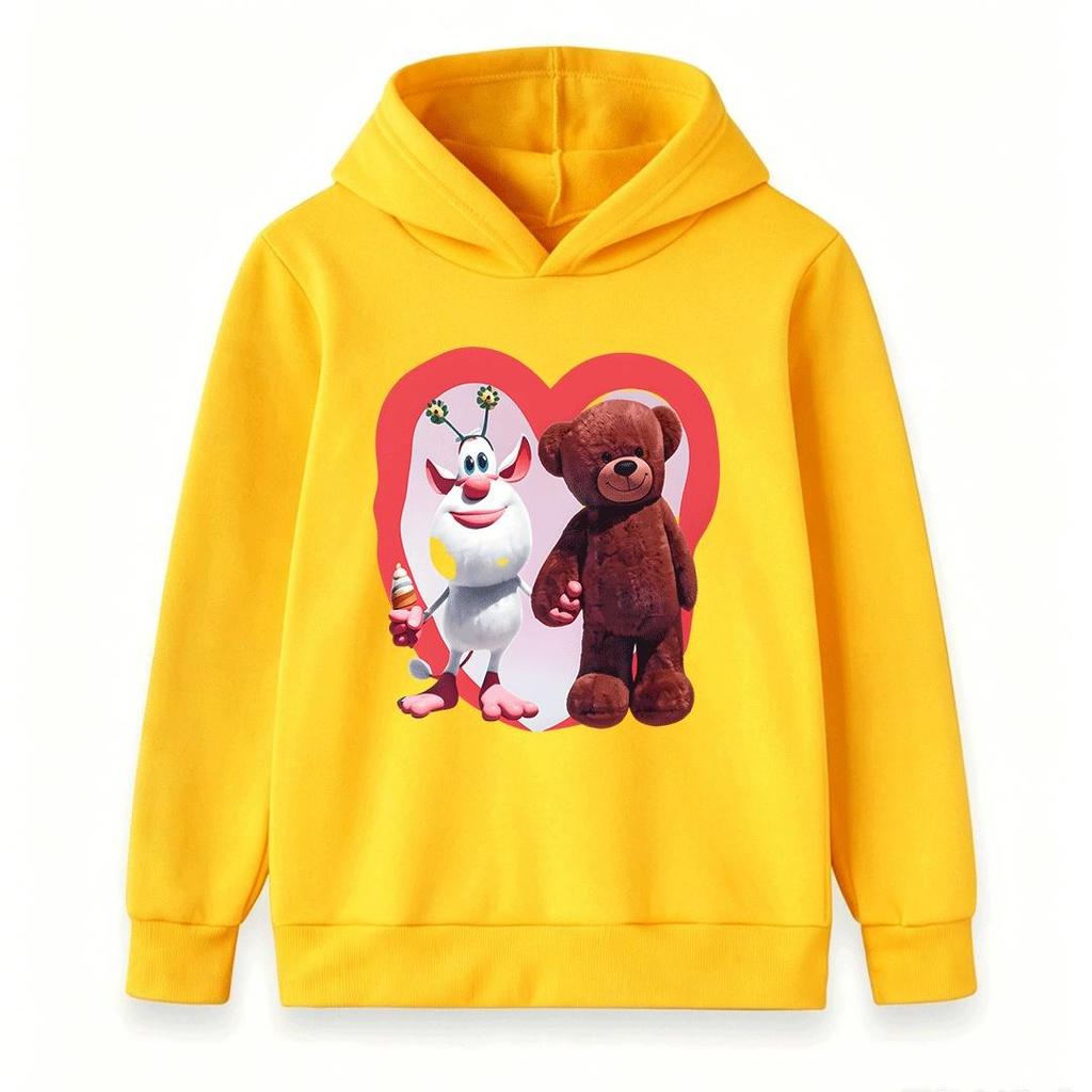 Kids hooded sweatshirt with cute white cartoon creature and brown teddy bear inside heart print,soft fabric loose fit, great for daily casual outfits.