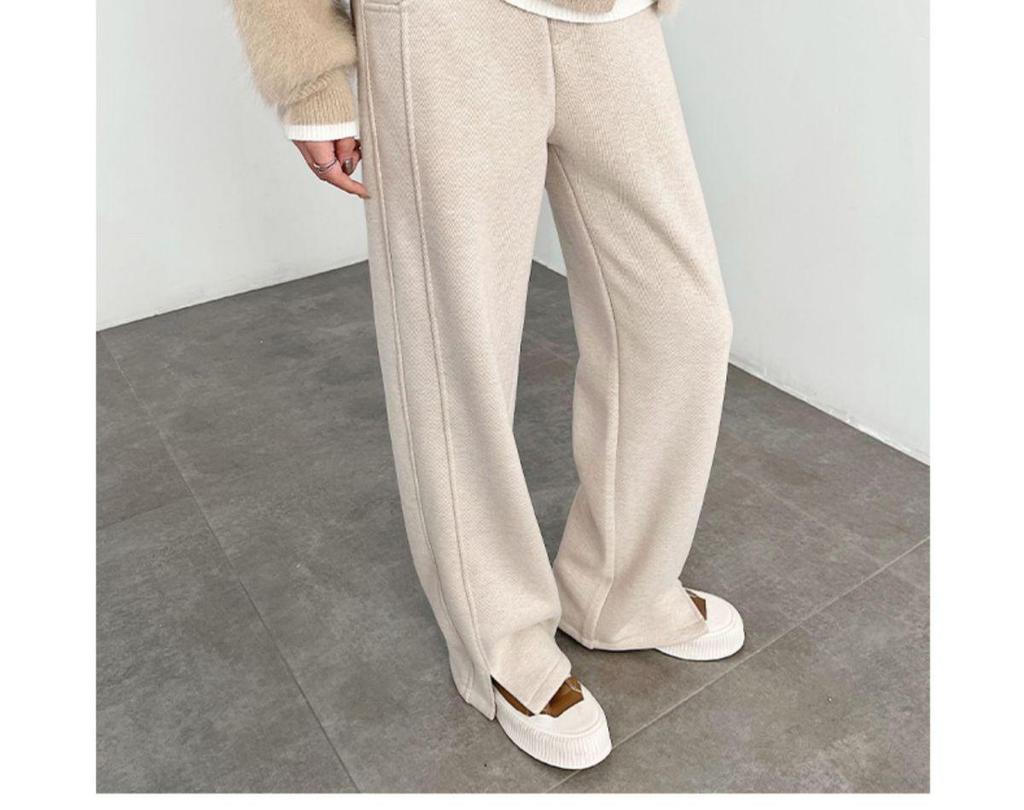 Женские брюки 2024 года из шерстяного флиса в елочку на подкладке с разрезом и прямыми штанинами для повседневной носки осенью/зимой