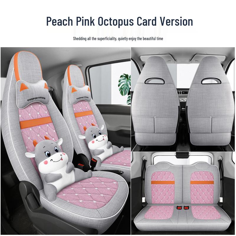 Cartoon Linen Seat Cover for Wuling Hongguang MiniEV Macaron – Full Wrap Interior Cushion