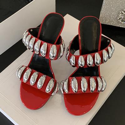 Мода Liyke 2025 Новая Мода Металлический Декор Женские Тапочки Сандалии Мода Открытый Носок Красные Высокие Каблуки Банкетные Туфли Женские Мюли Слайды