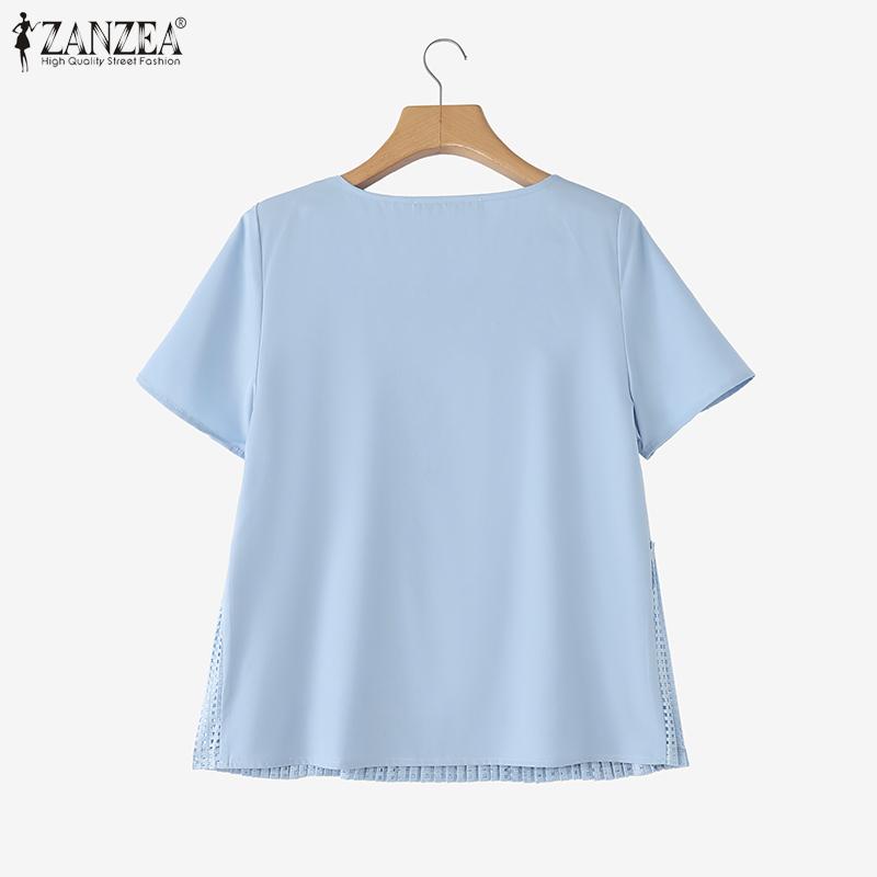 ZANZEA Women Casual Round Neck Summer Patchwork Short Sleeve Blouse