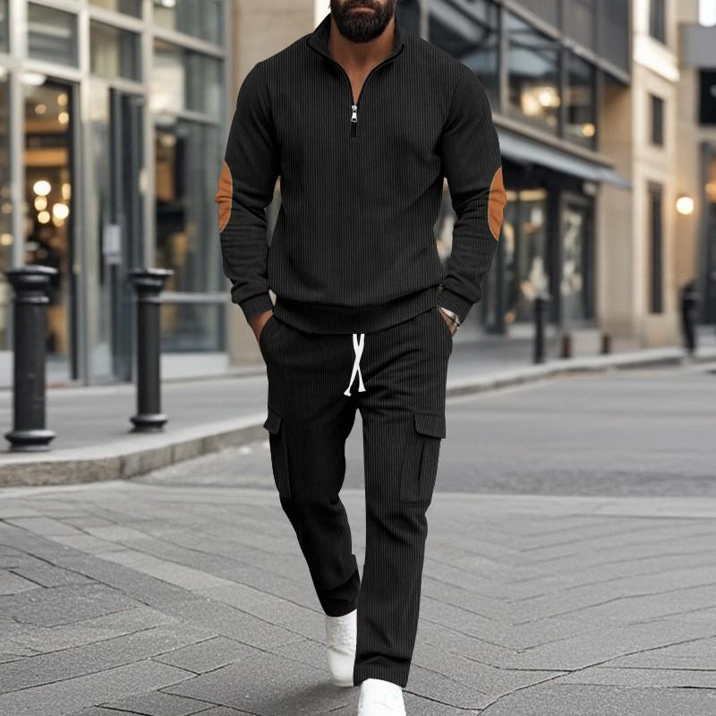 Mens Corduroy Half-Zip Stand Collar Long Sleeve Casual Set Winter Lightweight Urban Outfit