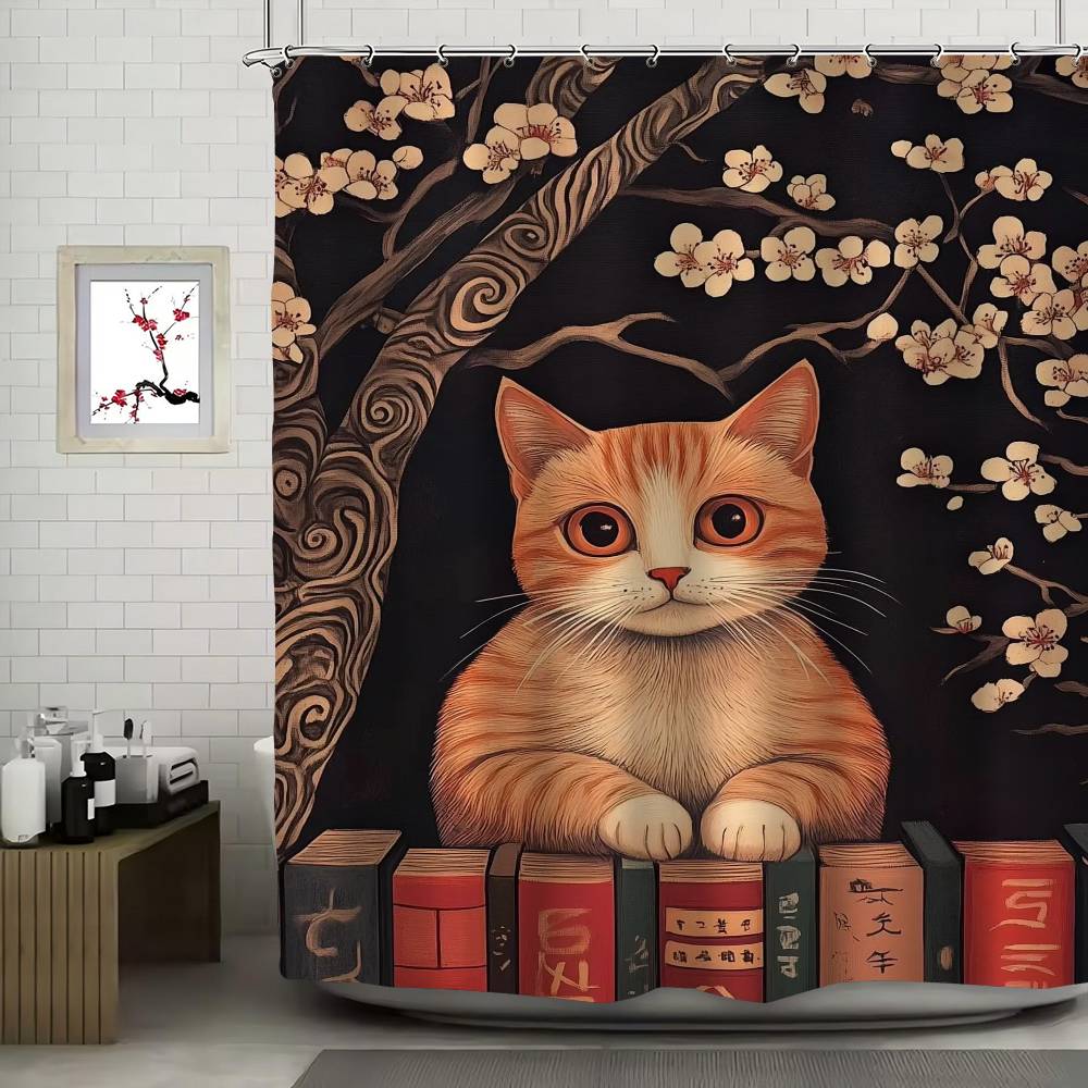 Japanese Black Cat Bathing Moon Lucky Cat Funny And Creative Beach Shower Curtain Waterproof Polyester Bath Curtains Bathroom