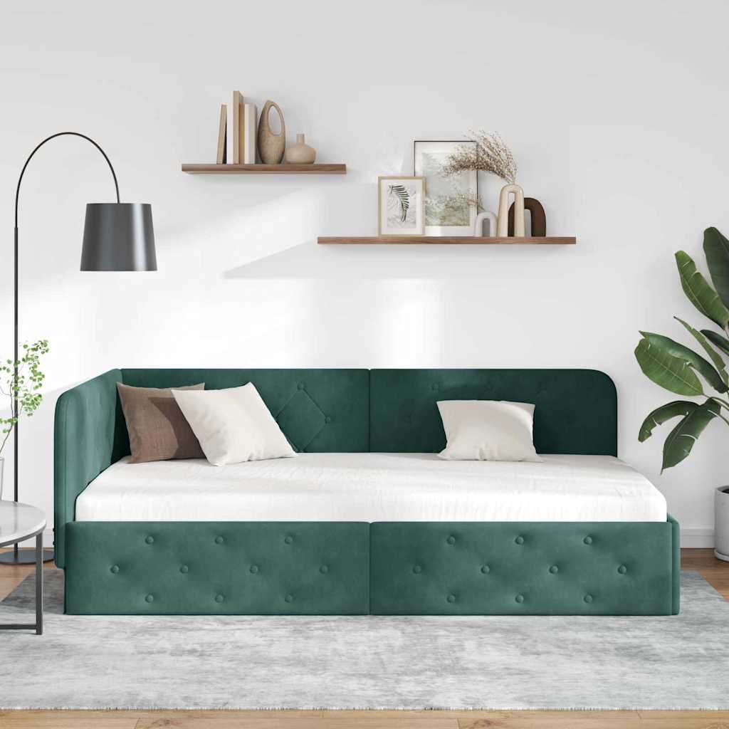 Corner Bed Frame Dark Green 90 x 190 cm Velvet