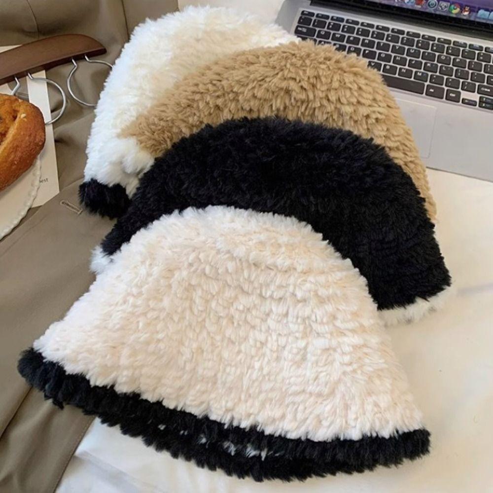 Warm Girls Bucket Hat Windproof Lamb Fleece Basin Cap Fashion Faux Fur Bucket Hat  Women