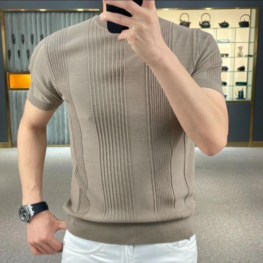Summer Men's Texture Striped Knit T-shirt Round Neck Solid Color Casual Shirt Half Sleeve Stretchable