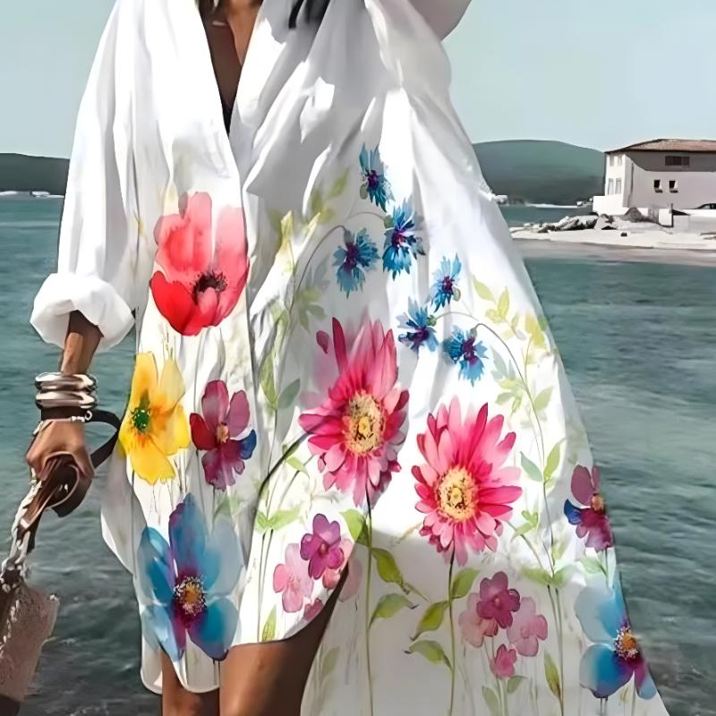 Весенне-летняя мода женское свободное повседневное платье-рубашка с длинным рукавом элегантное женское повседневное белое однобортное платье с принтом и лацканами
