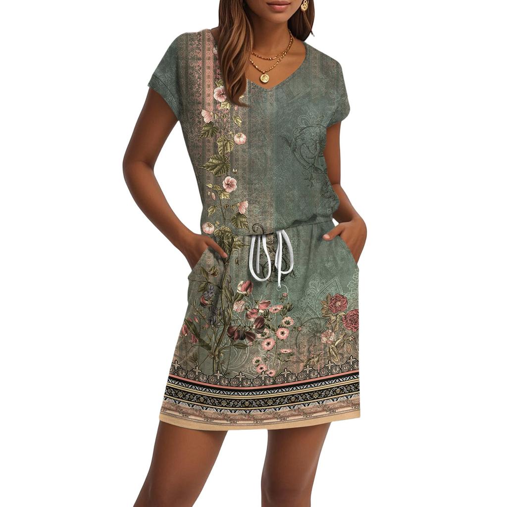 Women's Summer V-Neck Casual Short Sleeve Drawstring With Pocket Vintage Floral Dresses