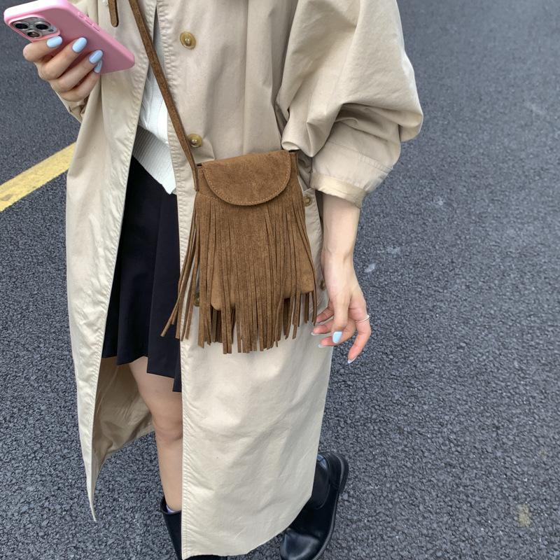 Bohemian ethnic style fringed retro deerskin velvet matte crossbody shoulder mobile phone bag mini small bag