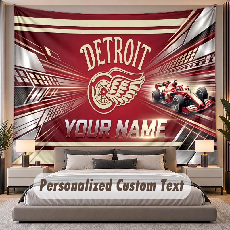Custom Name Text Tapestry Detroit Red Wings Personalized Polyester Wall Tapestry For Bedroom And Room