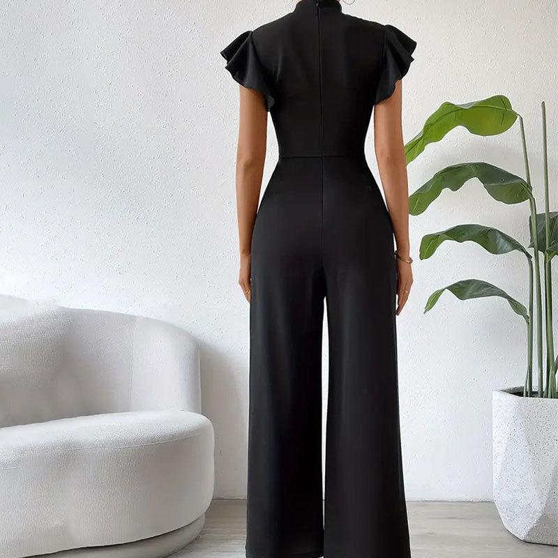 Women's Summer Standing Collar Ruffle Sleeveless Casual Long Jumpsuit