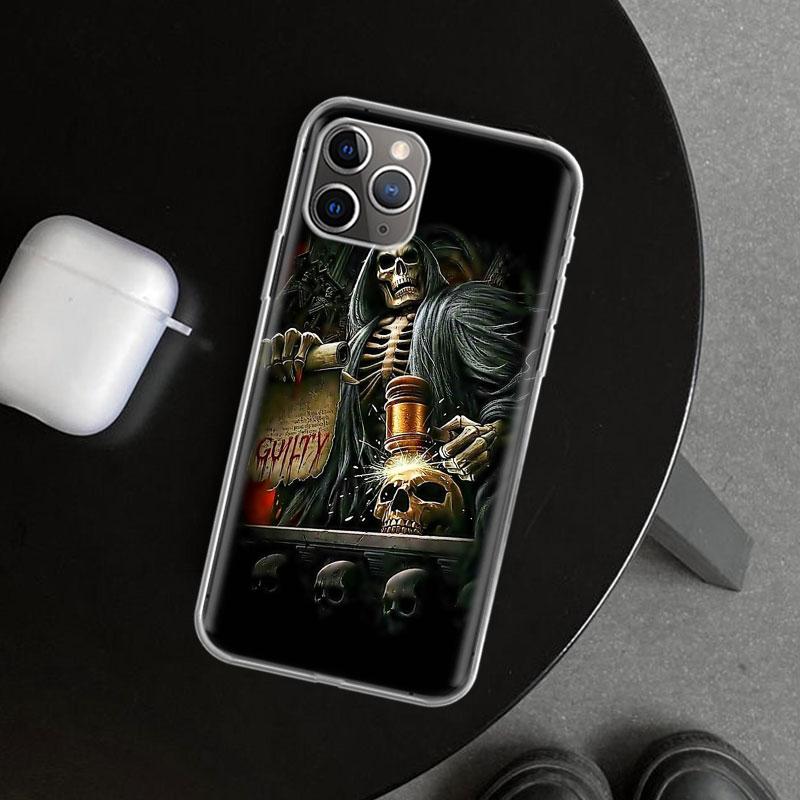 Чехол-бампер с рисунком черепа жнеца, скелета и пистолета для iPhone 11 12 13 Mini 14 15 Plus 16 Pro Max 17 Air 7 8 + SE Арт Индивидуальный Fundas