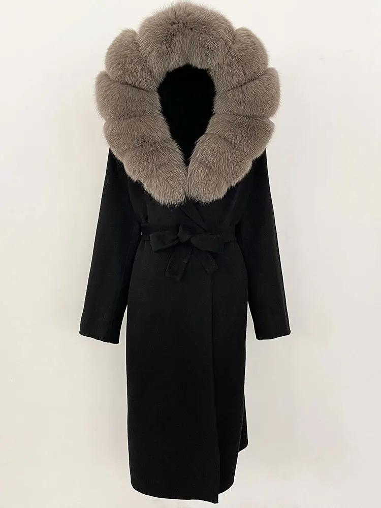 OFTBUY Зимнее женское пальто из натурального лисьего меха с капюшоном и съемным воротником Двусторонняя шерстяная куртка Длинная повседневная элегантная верхняя одежда