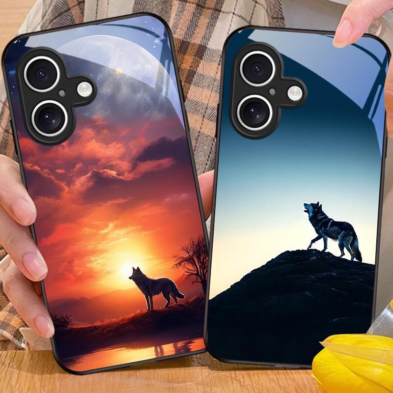 Луна и Волк Для Apple iPhone 16E 16 E 11 13 15 P ro 14 Pro Max 12 Mini 7 8 Plus XR XS Черный чехол для телефона из закаленного стекла
