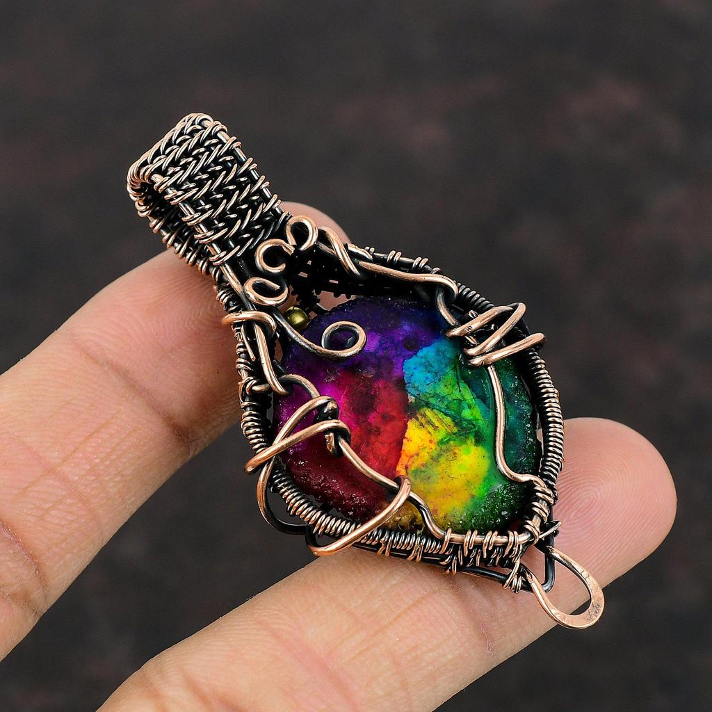 Rainbow Solar Quartz Druzy Pendant Copper Wire Wrapped Pendant Gemstone Jewelry Handmade Pendant Amazing Pendant Copper Jewelry Gift For Her