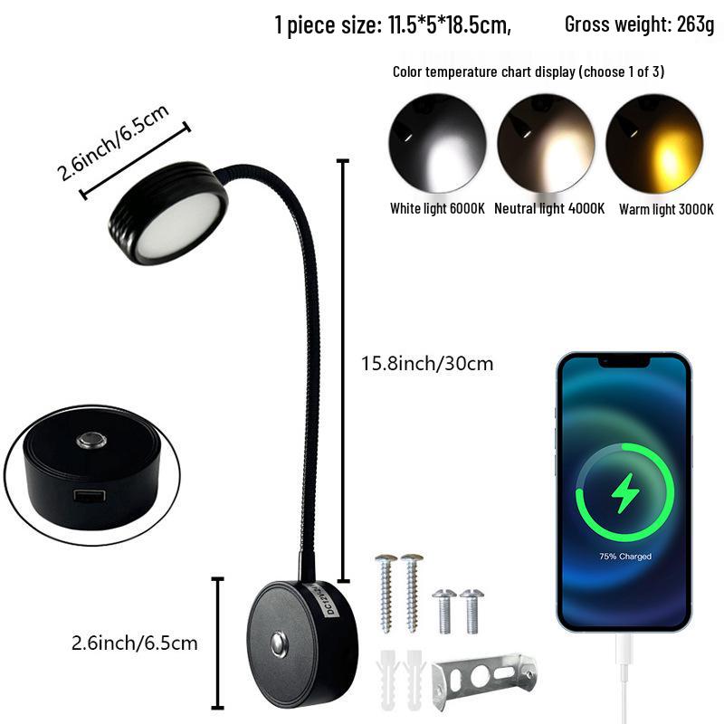 Светодиодный светильник для чтения на гибкой ножке для автодомов и лодок с сенсорным диммированием