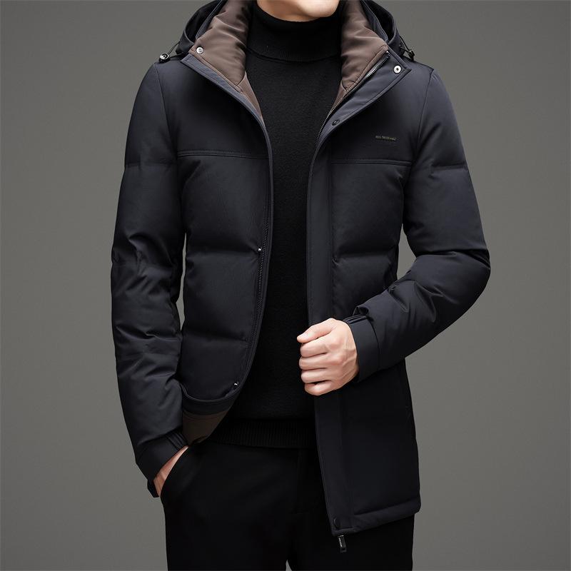 Зимняя новая мужская куртка-пуховик из молочного шелка средней длины с белым утиным пухом для среднего возраста, теплая повседневная куртка с капюшоном