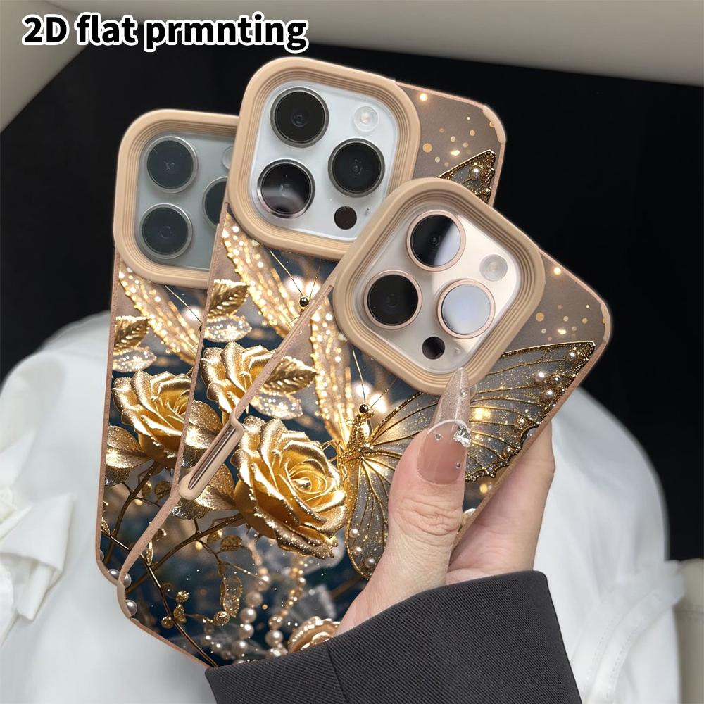 Phone Case: 2D flat lambskin suitable for iPhone 18 17 16 15 14 13Pro protective case, golden butterfly rose, Christmas and Halloween gifts