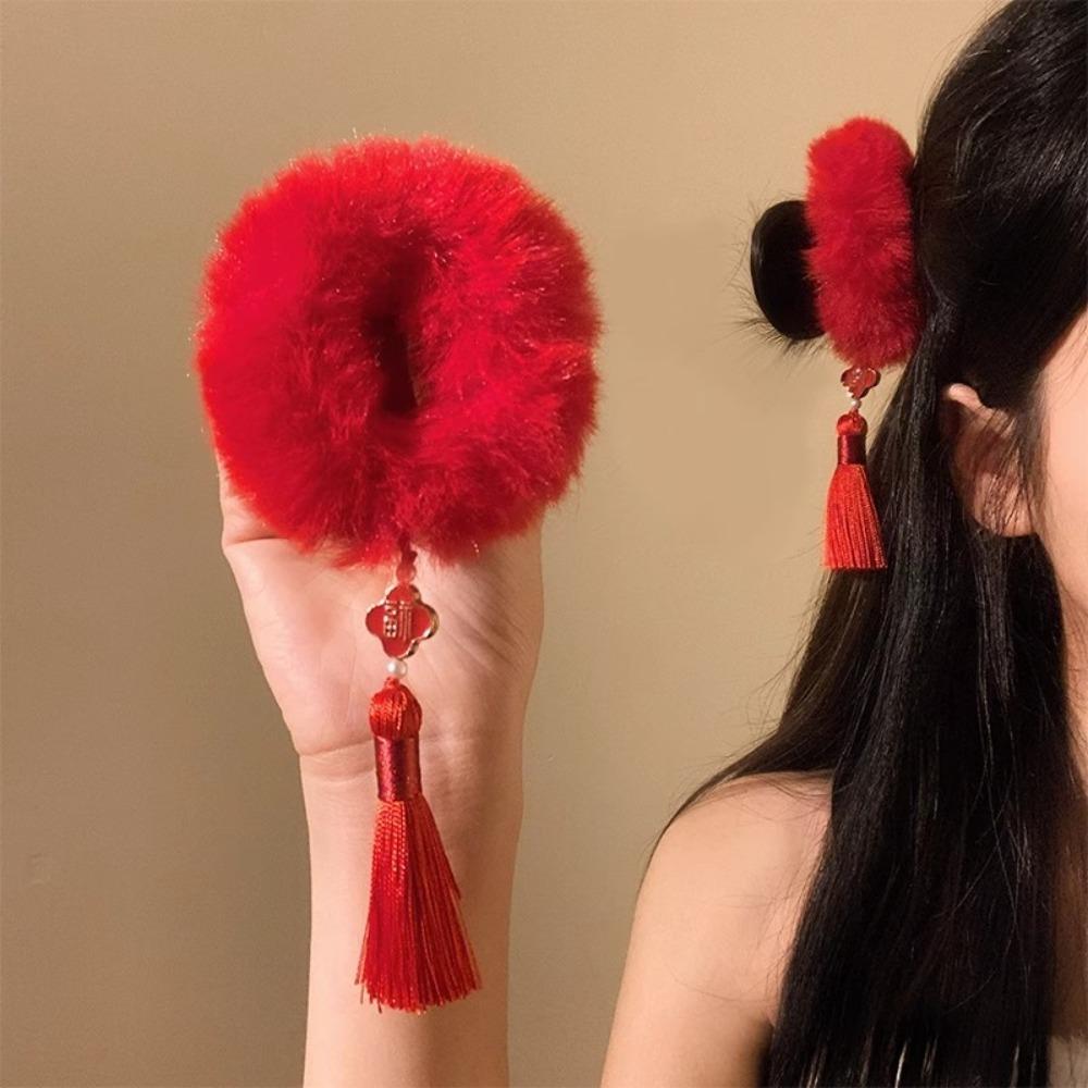 2pcs Elastic New Year's Red Plush Hair Rope Ancient Style Girl Hair Ties Daily Life