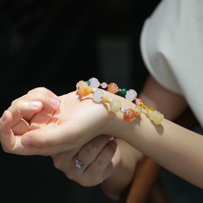 Браслет из чистого натурального нефрита, браслет в парном стиле, бусины в этническом стиле, бамбуковые шарниры, висячие тыквы, браслет из желтого нефрита, ювелирное изделие, подарок