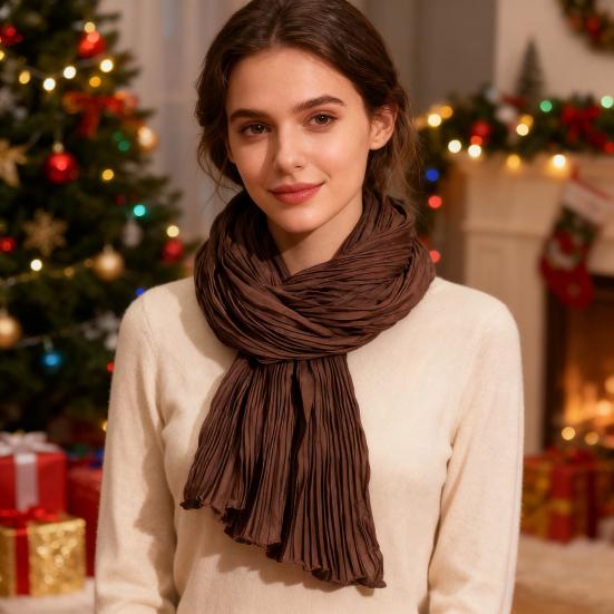 Yousheng Women Pleated Scarf Thickened Weave Autumn Winter Scarf Solid Color Breathable Shawl Headscarf Outfit Accessories