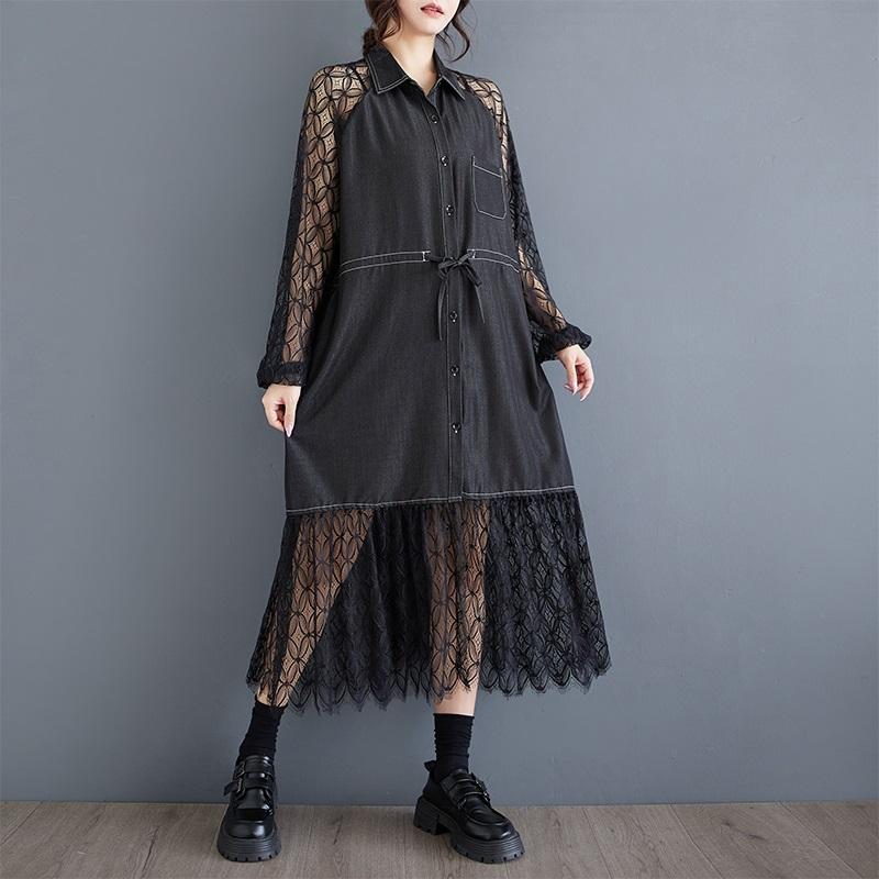 Длинный рукав Плюс размер винтажное кружево пэчворк новые платья для женщин повседневный свободный весна лето осень платье-рубашка