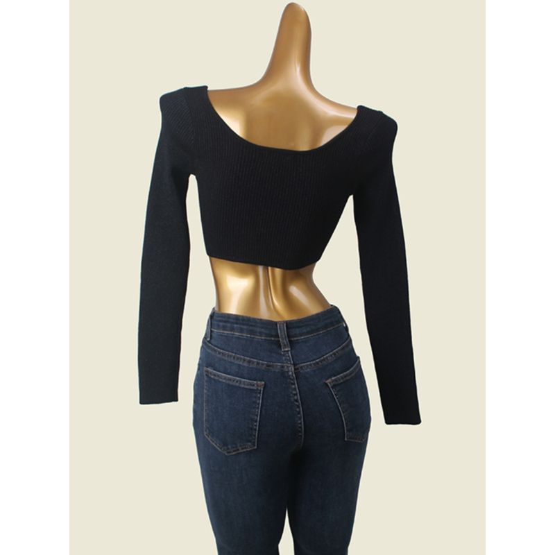 American Sexy Crop Top Sexy Base Shirt Low Round Neck Silm Early Autumn Inner Wear Pullover Short Knitwear