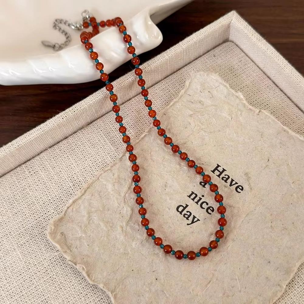 Zinc Alloy Neck Chain Red Blue Contrast Beads Strand Chokers Aesthetic Jewelry