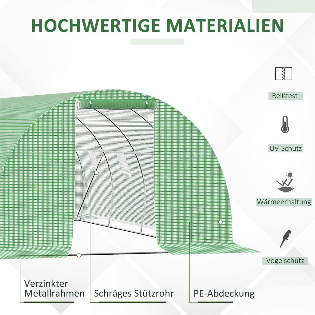 Walk-in polytunnel greenhouse. 8 windows with insect netting. Durable film. Steel frame. 6 x 3 x 2 m. Green