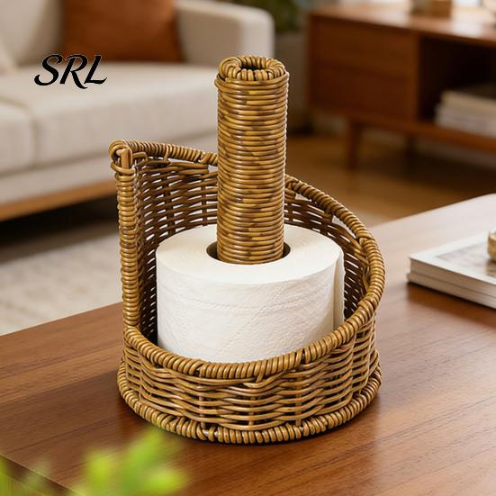 Upright Paper Roll Dispenser Imitation Rattan Toilet Holder, Round Woven Towel Dispenser, Brown Plastic Stand Boho Tissue Organizer for Bathroom