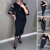 Women Midi Dress O-Neck Mesh Stitching 3/4 Flared Sleeve Casual Dress Back Zipper Elegant Office Lady Dress