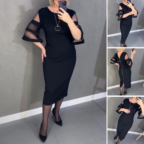 Women Midi Dress O-Neck Mesh Stitching 3/4 Flared Sleeve Casual Dress Back Zipper Elegant Office Lady Dress