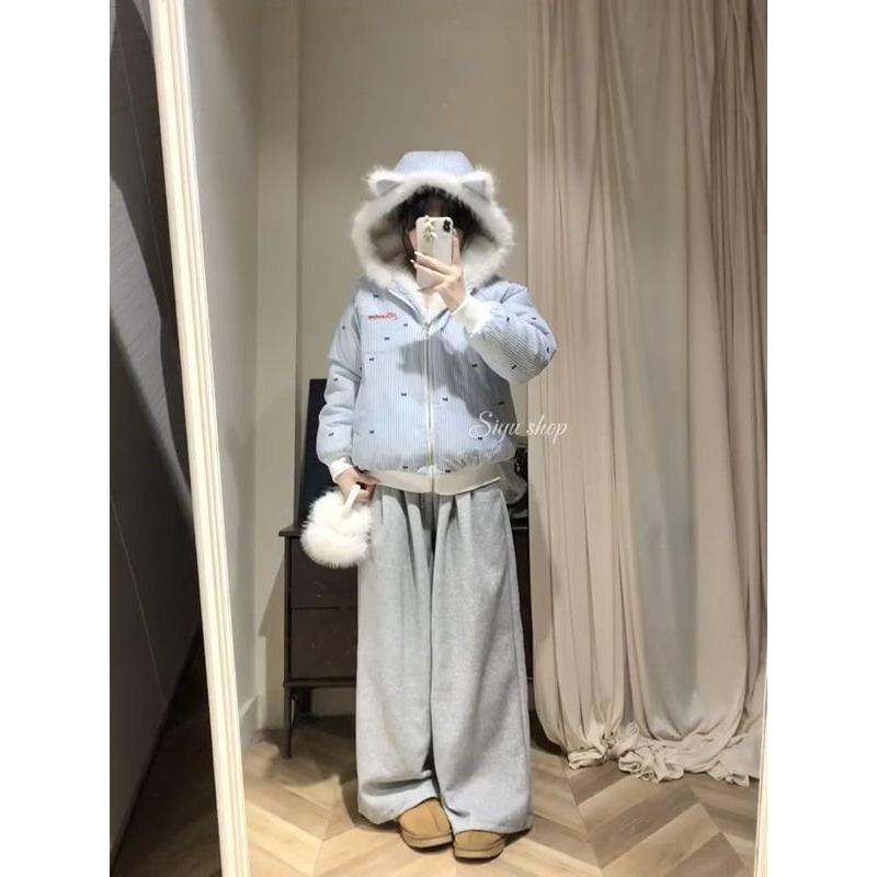 Wearing cat ears hooded cotton clothes on both sides, women's winter design, fur collar striped cotton padded thick warm jacket