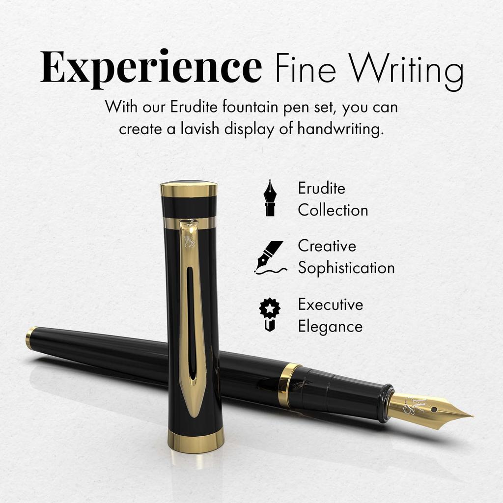 Wordsworth Black Fountain Pen 18K Glided Broad Includes 24 Pack Ink Ink Refill Converter Gift Gold Perfect for Men Women & Set, Nib, Cartridges, &