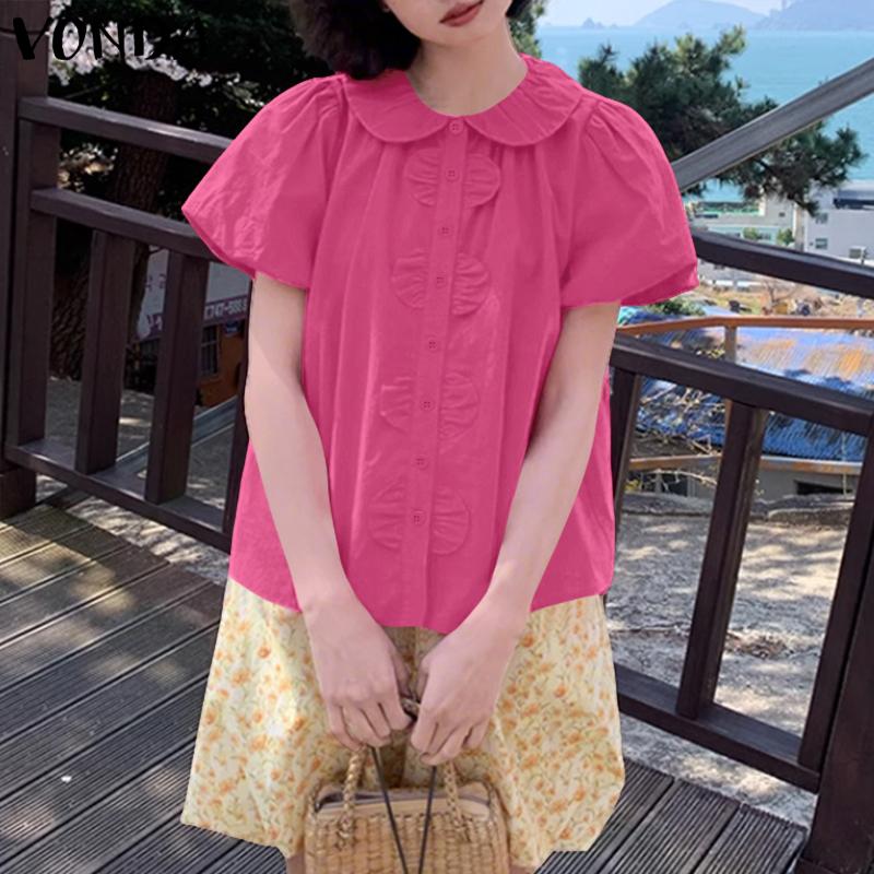 VONDA Женская блузка с короткими рукавами-буфами, застегивающаяся на пуговицы сбоку, с оборками, однотонная, повседневная