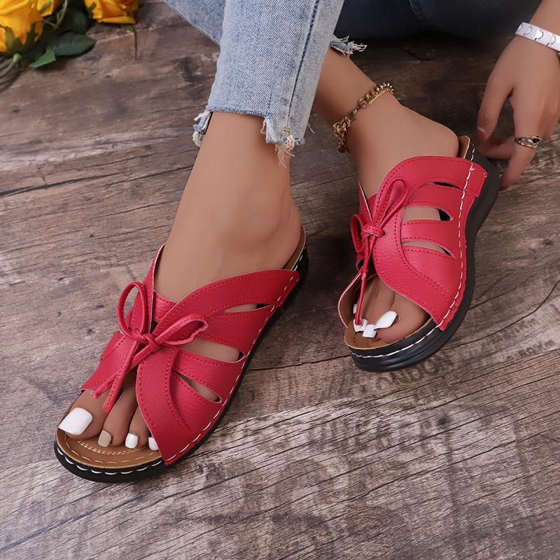 2024 Летние женские босоножки на танкетке Элегантные босоножки с открытым носком и бантом Женские винтажные полые тапочки Повседневная римская женская обувь на платформе