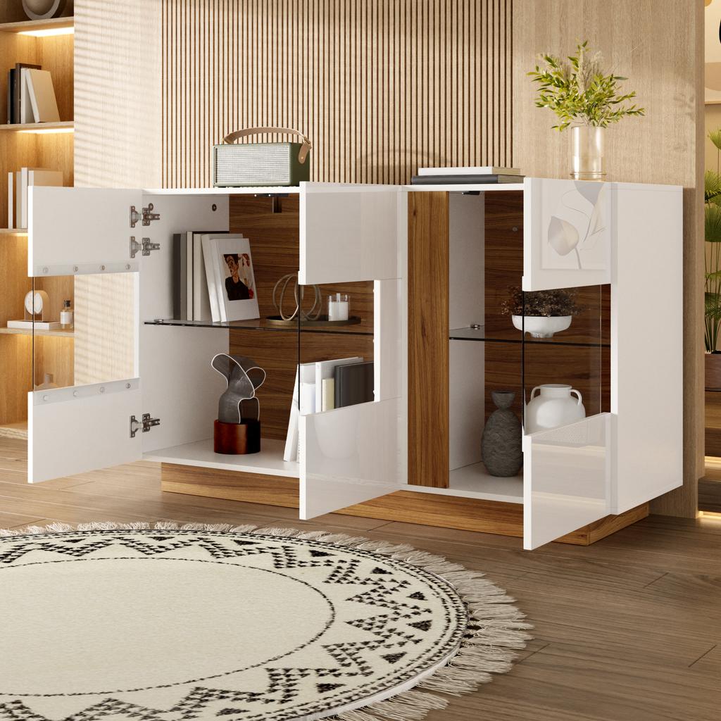 Modern Sideboard with 3 Acrylic Doors, 2 Compartments and Dimmable LED Lighting, White-Natural, 120×38×80cm