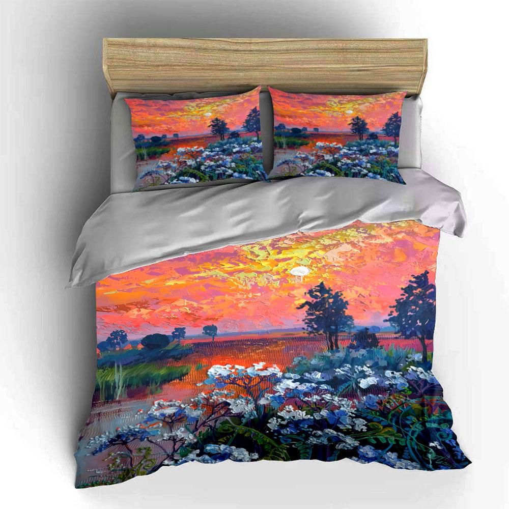 Sunset, trees, flowers, landscape. Bedding sets Duvet cover sets Duvet covers Pillowcases(1 * Duvet Cover 2 * Pillowcases without duvet insert)