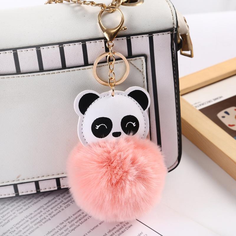 Cute Cartoon Panda Keychain Fluffy Pink Pom Pom Golden Buckle Lovely Bag Accessory for Friends Gathering Gifts