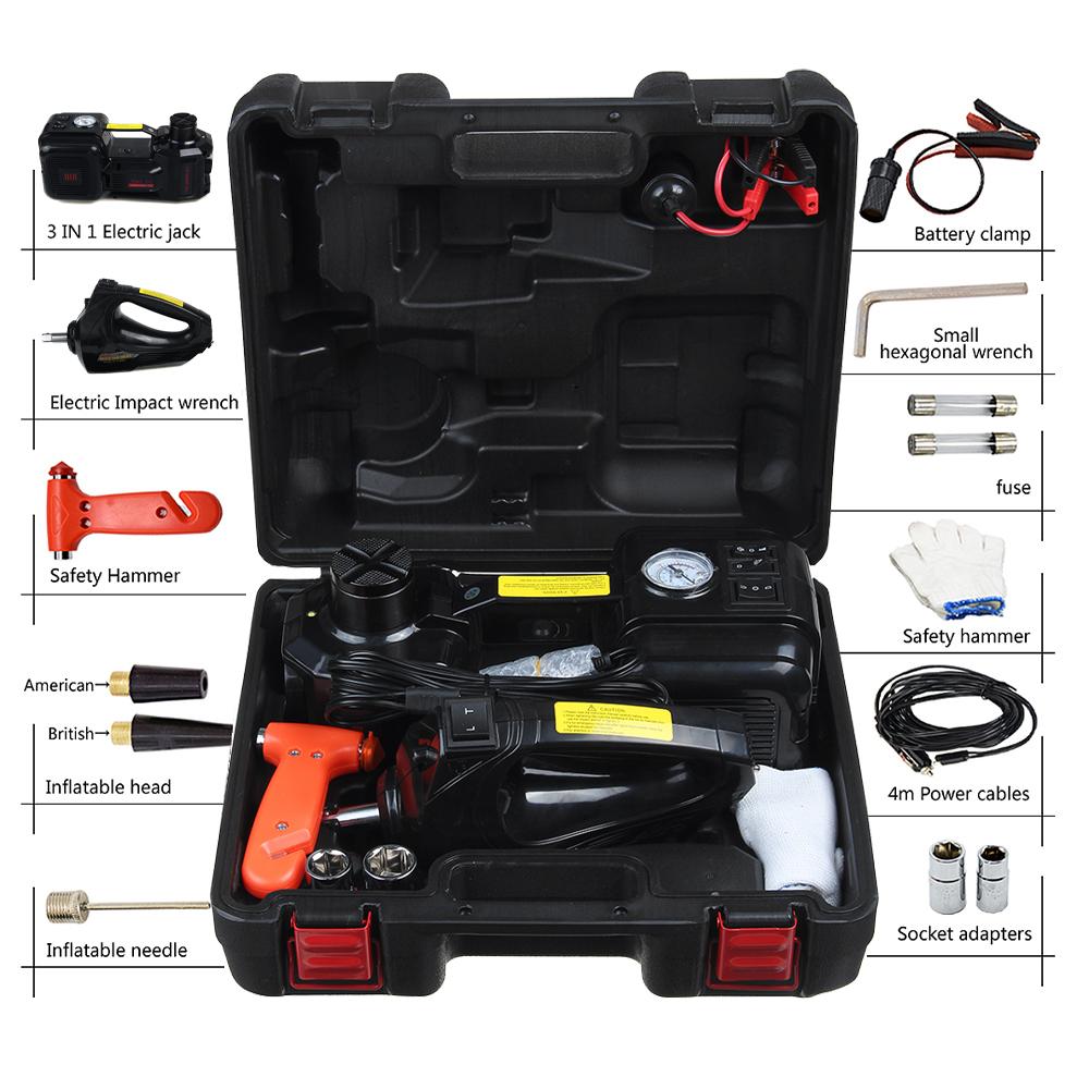 Автомобильный домкрат 5T Электрический гидравлический напольный домкрат Насос для накачивания шин Светодиодная подсветка Электрический ударный гайковерт Инструмент для ремонта автомобиля 45 см 3 в 1 150 Вт DC 12 В