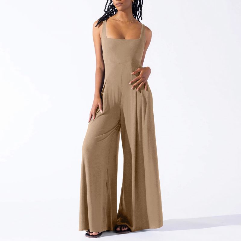 Solid Color Suspender Wide Leg Jumpsuit Solid Sling Wide Leg Jumpsuit