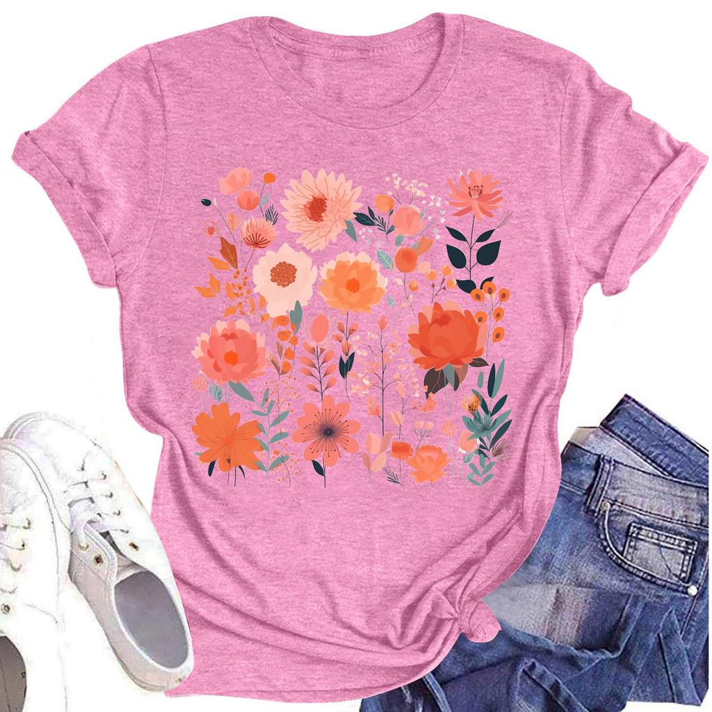 Женская повседневная футболка с круглым вырезом и цветочным принтом, короткий рукав