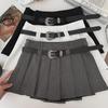 Korean College Style A-Line Pleated High Waist Skirt with Belt for Women