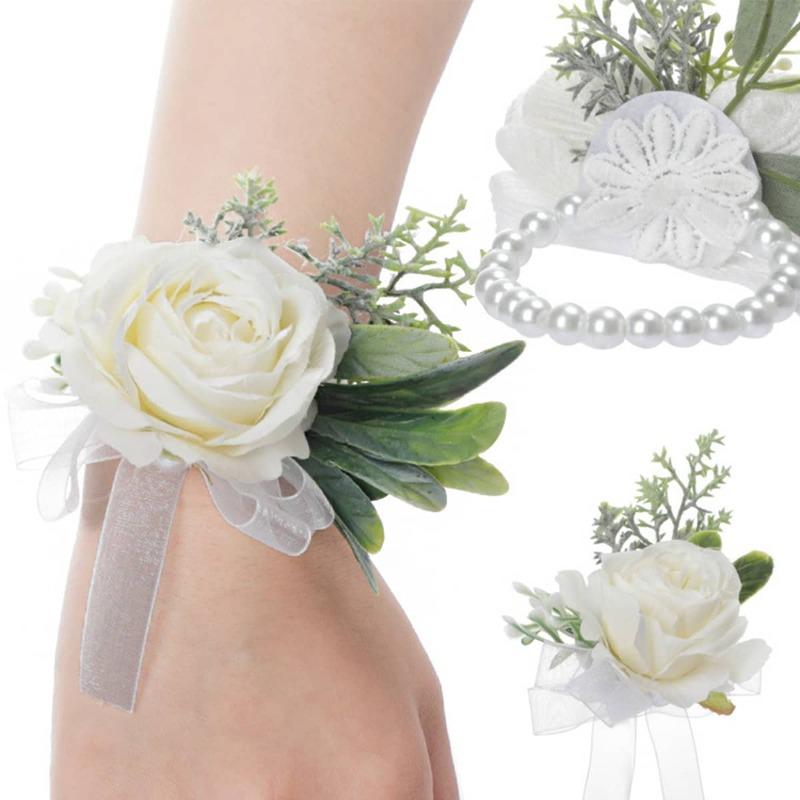 4Pcs Ivory Rose Wrist Corsage and Boutonniere Set Wristlet Band Bracelet and Men Boutonniere for Wedding Accessories Prom Suit Decorations