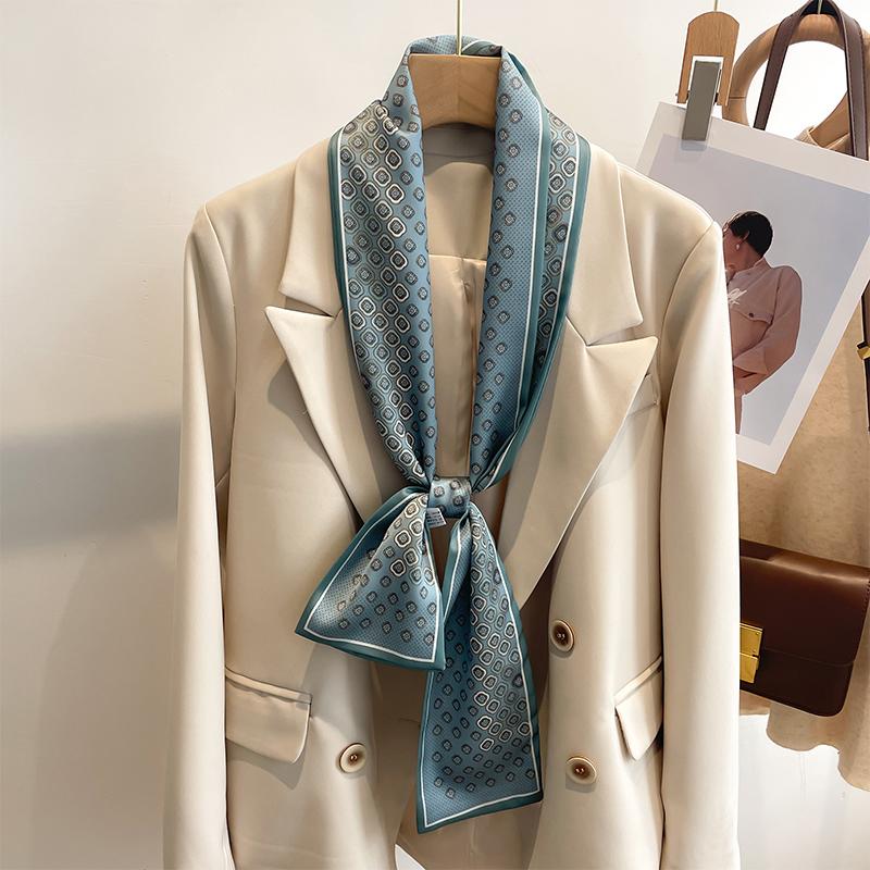 Women Silk Feel Printed Design Scarf Shawl Fashion Luxury Long Narrow Small Silk Scarves Ladies Headband Headscarve Bags Wrap