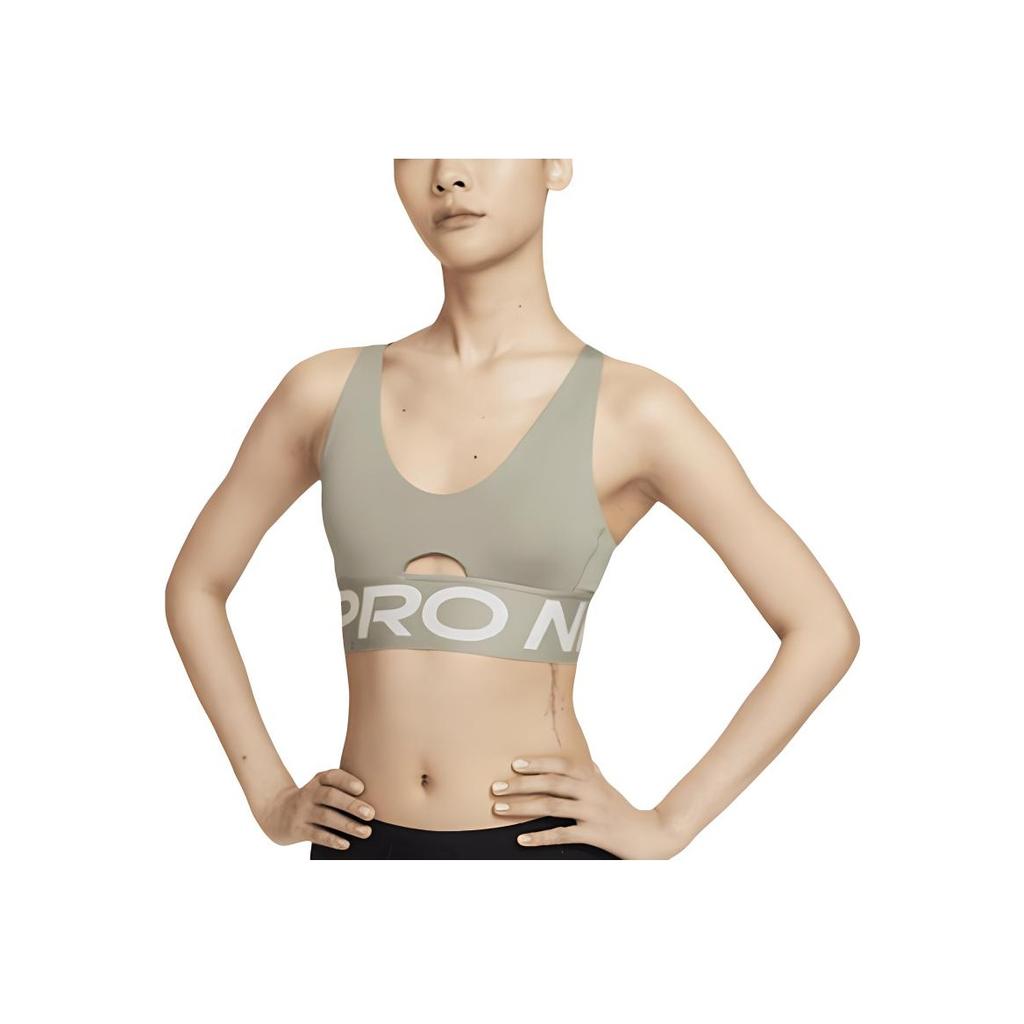 Nike Pro Indie Plunge Спортивный бюстгальтер средней поддержки с принтом букв, удобное женское нижнее белье, светло-армейский-зеленый HF7325-320